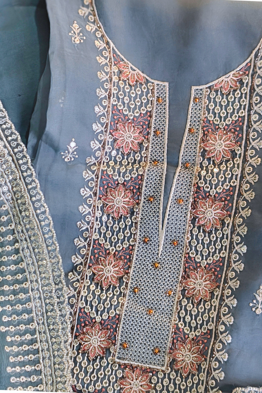 Greyish Blue Organza Suit Set