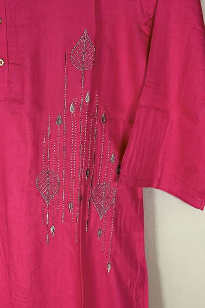 Pink Golden Leaves Cotton Kurti