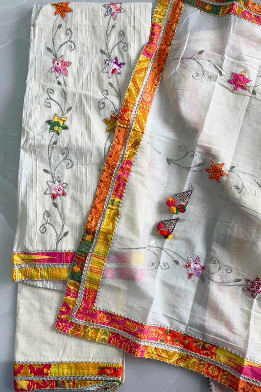 White Gota Patti Patchwork Suit Set