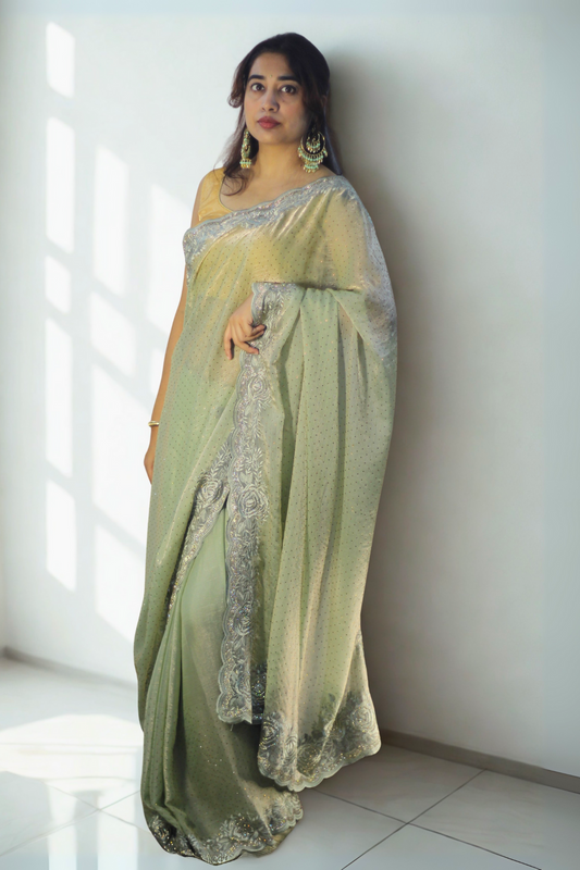 Green Rhinestone Tissue Saree