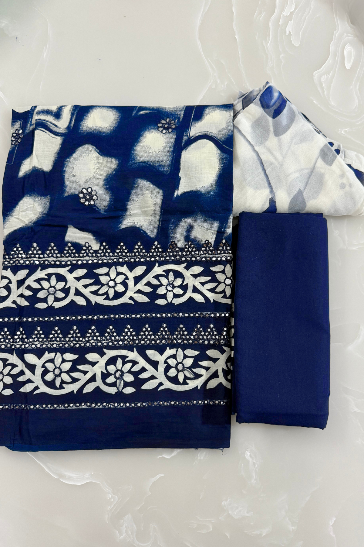 Navy Blue & White Cotton Suit Set
