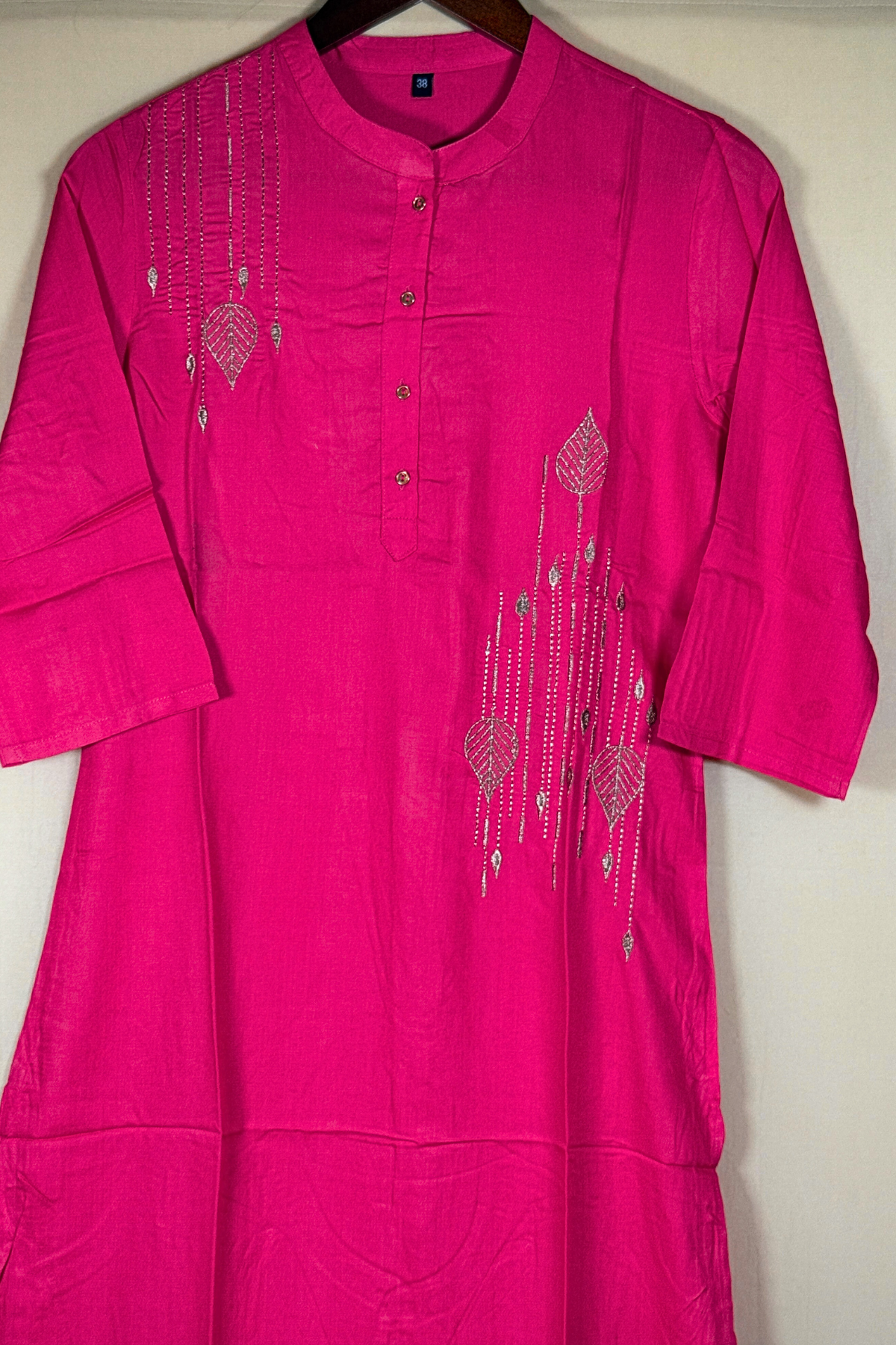 Pink Golden Leaves Cotton Kurti
