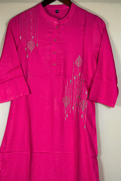 Pink Golden Leaves Cotton Kurti