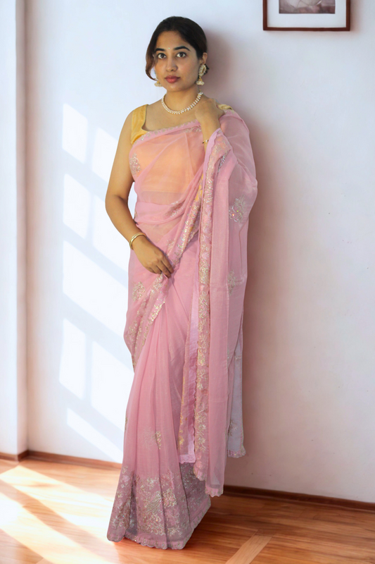 Pink Peacock Embroidered Georgette Saree