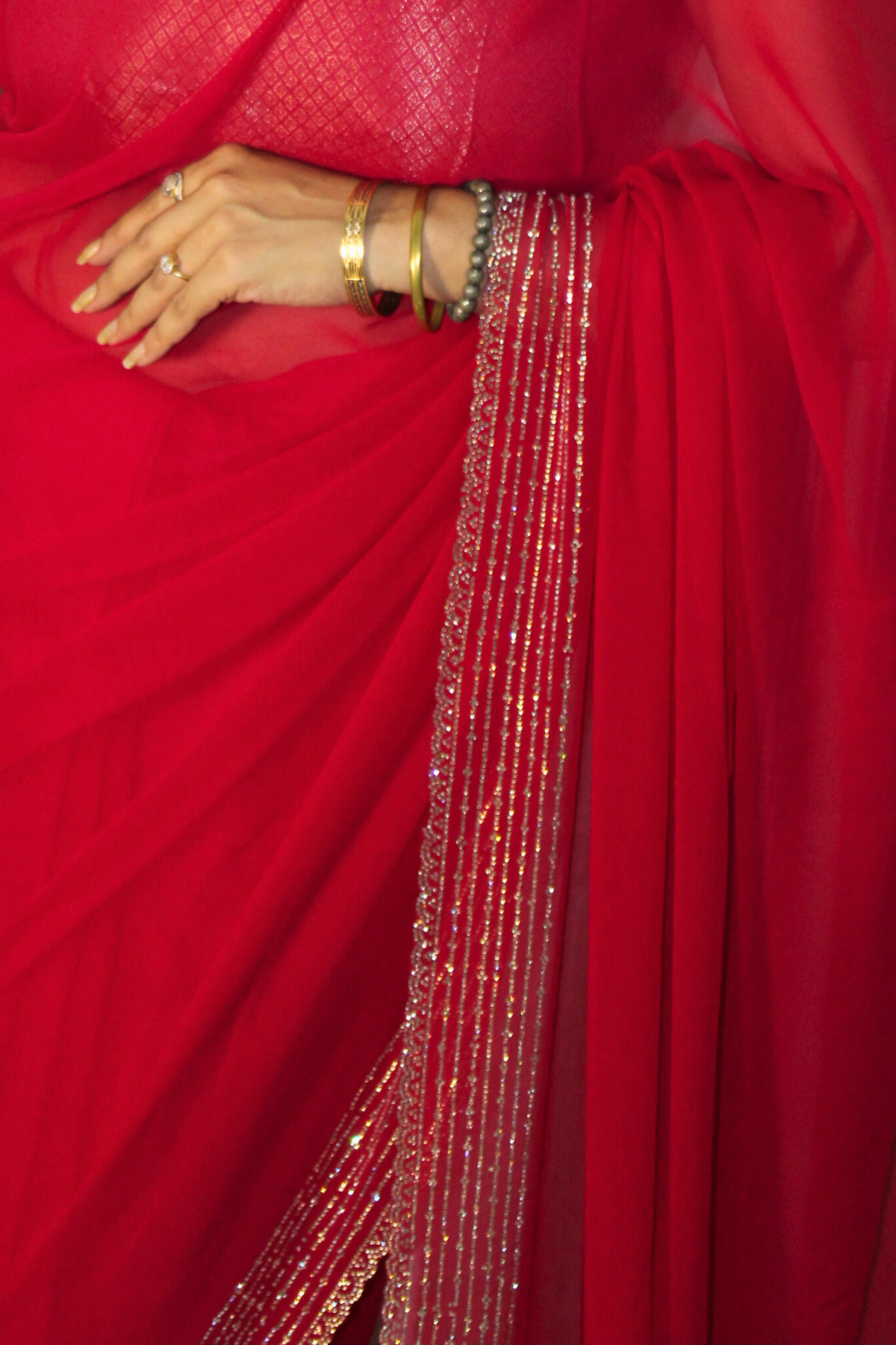 Red Rhinestone Premium Georgette Saree