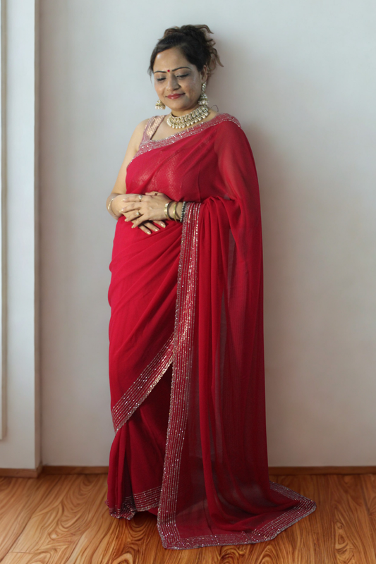 Red Rhinestone Premium Georgette Saree