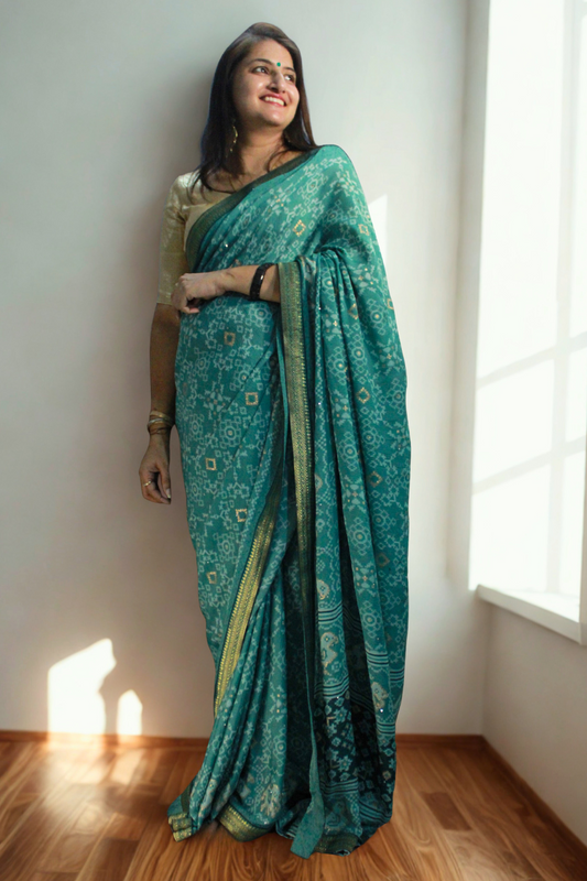 Jaipuri Teal Georgette Saree