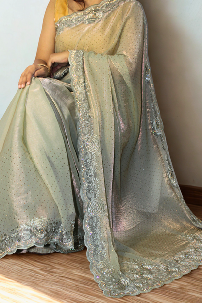 Green Rhinestone Tissue Saree