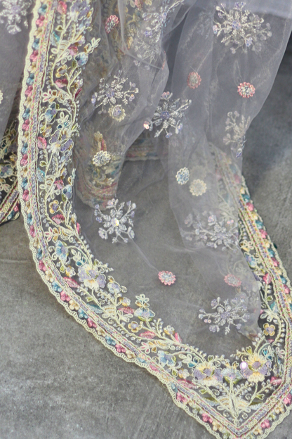 Grey Floral Net Saree