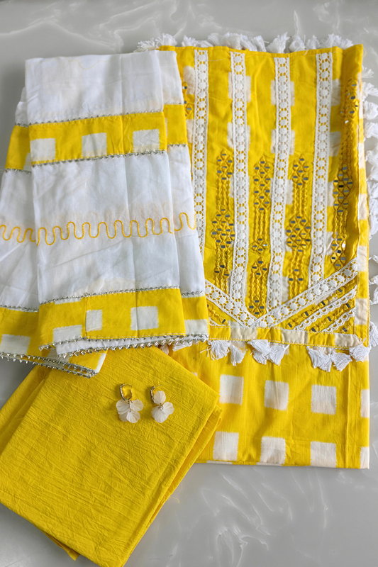 Yellow & White Tassel Cotton Suit Set